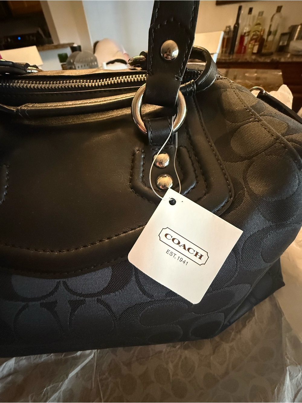COACH Black Signature Shoulder Bag with Leather Trim NWT